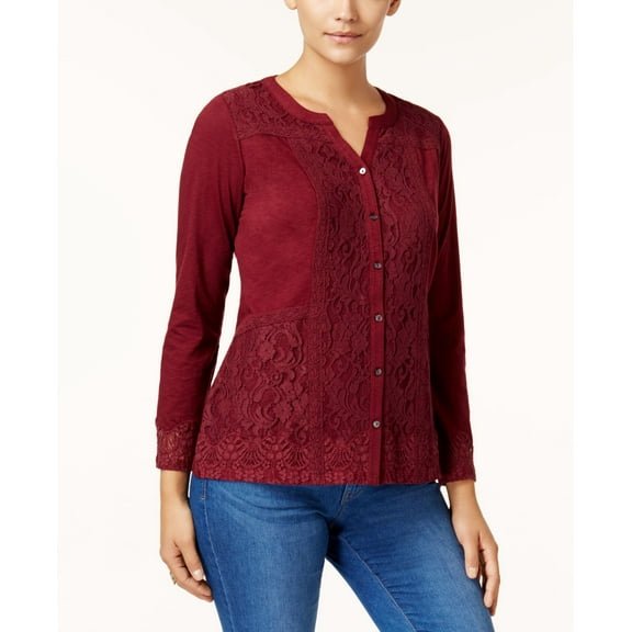 Style & Co Petite Lace Button Front Top Scarlet Wine PS