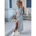 thumbnail image 5 of Womens Summer Casual Sleeveless Denim Shirt Dress Lapel Button Down Belted Jean Long Dresses Light Blue XL, 5 of 8