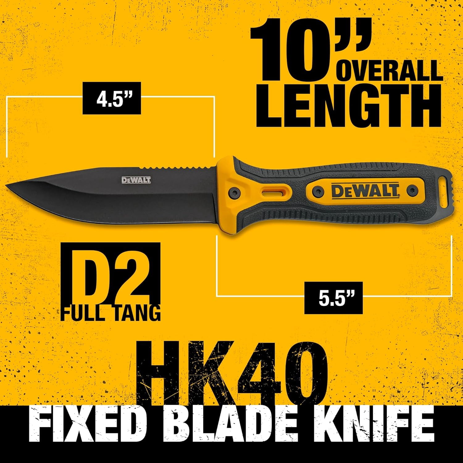 DEWALT 10-Inch D2 Steel Fixed Blade Knife with Full Tang Construction and Ergonomic Rubber Grip – Outdoor and Jobsite Utility Knife with Molded Sheath