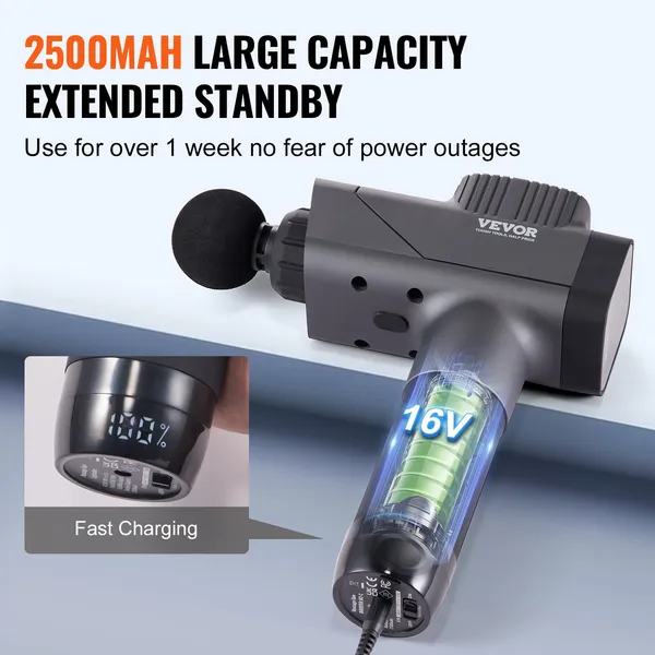 Deep Tissue Percussion Massage Gun for Athletes with 8 Speeds 6 Heads 16V 2500mAh Battery Handheld Muscle Pain Relief Relaxation
