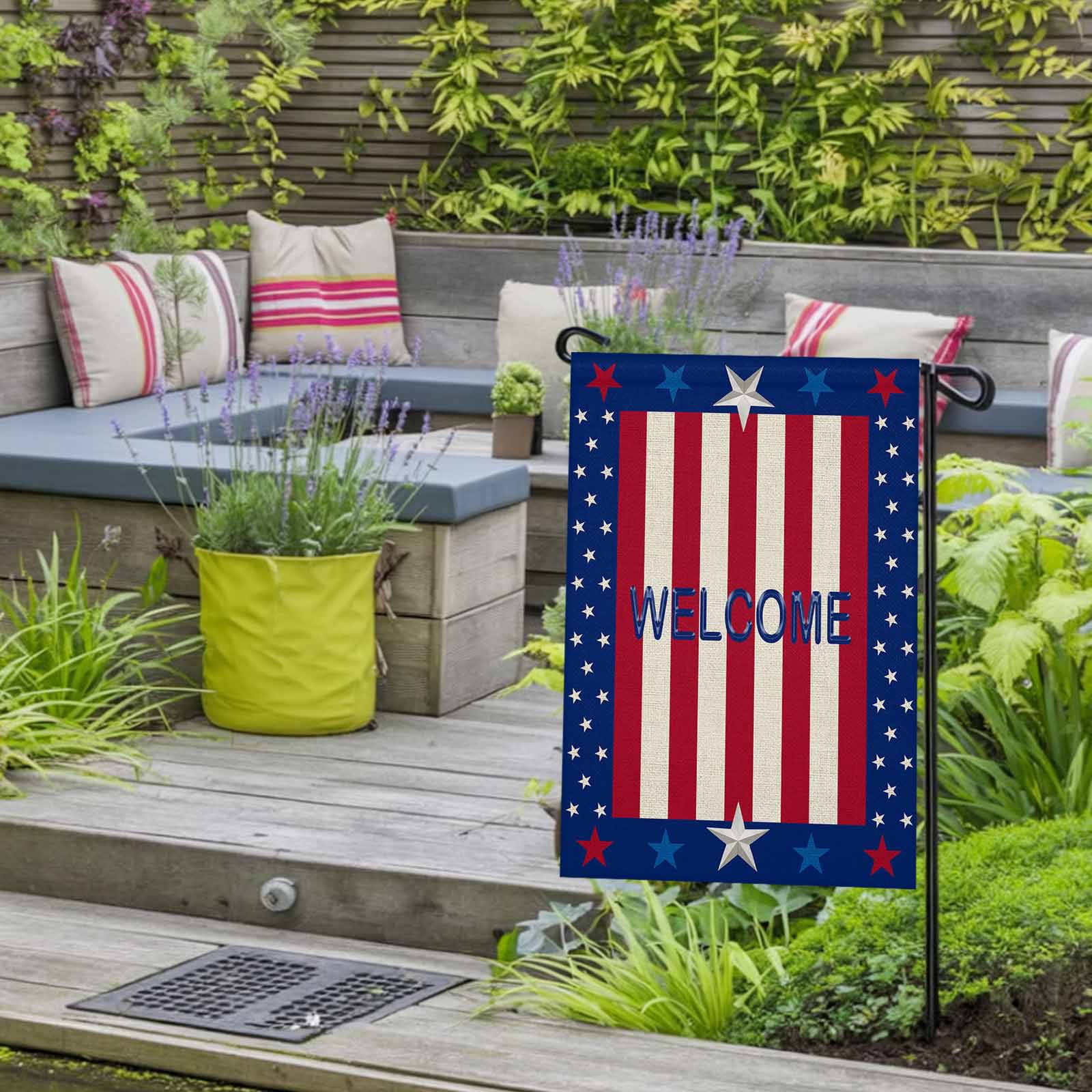 4th of July Garden Flags American Flag Stripes Garden Flag Double Sided Welcome Flag Red Blue White Stars Letters Independence Day Yard Flags for Outdoor Lawn Porch Memorial Day Decor 28x40 Inch