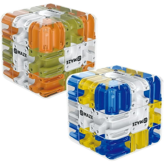 2-Pack 3D Maze Cube Puzzle, Battle Set for 2 Players, 2-in-1 Twist & Roll Brain Teaser Toys, Family Game Night & STEM Learning Gifts for Kids Teens (Blue & Yellow)