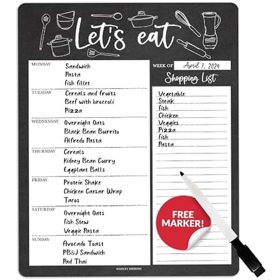 Chalkboard Weekly Dinner Menu Board For Kitchen-Magnetic Meal Planner For Refrigerator, Dry Erase Board Menu Planner$$Office