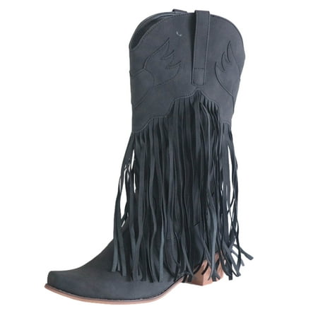 

jsaierl Plus Size Retro Mid-heel High Boots Women Pointed Tassel Boots