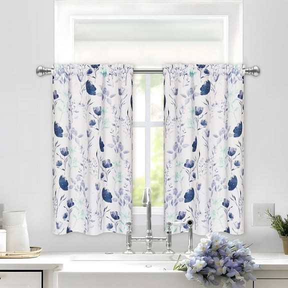 Alishomtll Kitchen Curtains Floral Print Tier Curtains Sets Light Filtering Small Window Drapes Rod Pocket ,26"Wx36"L,2 Panels,Gray Blue