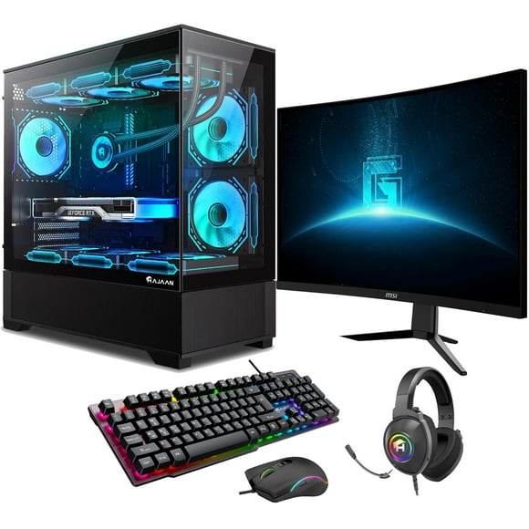 HAJAAN Gaming PC - Liquid Cooled - MSI 27" Curved Gaming Monitor (RTX 4070 12GB GDDR6, Intel Core i5-13400F, 32GB DDR4 RAM, 1TB NVMe, Wifi, Bluetooth, Windows 11 Pro) - Black