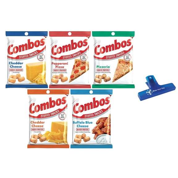 COMBOS Cheddar Cheese Cracker, Pepperoni Pizza, Pizzeria, Cheddar Cheese Pretzel, and Buffalo Blue Cheese, 6.3 Ounce (Pack of 5) - with Make Your Day Bag Clip