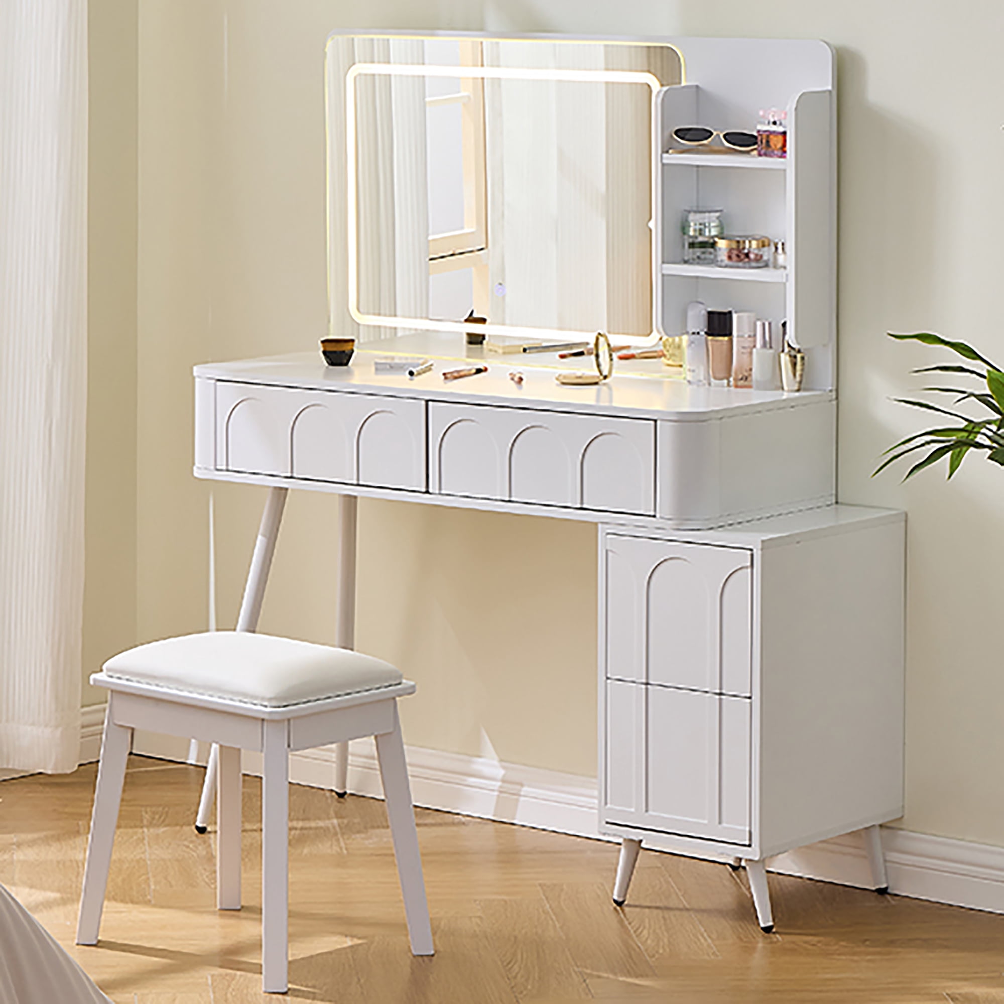 Makeup Vanity Desk LED Mirror 4 Drawers Dimmable Lights Stool White Space Saving