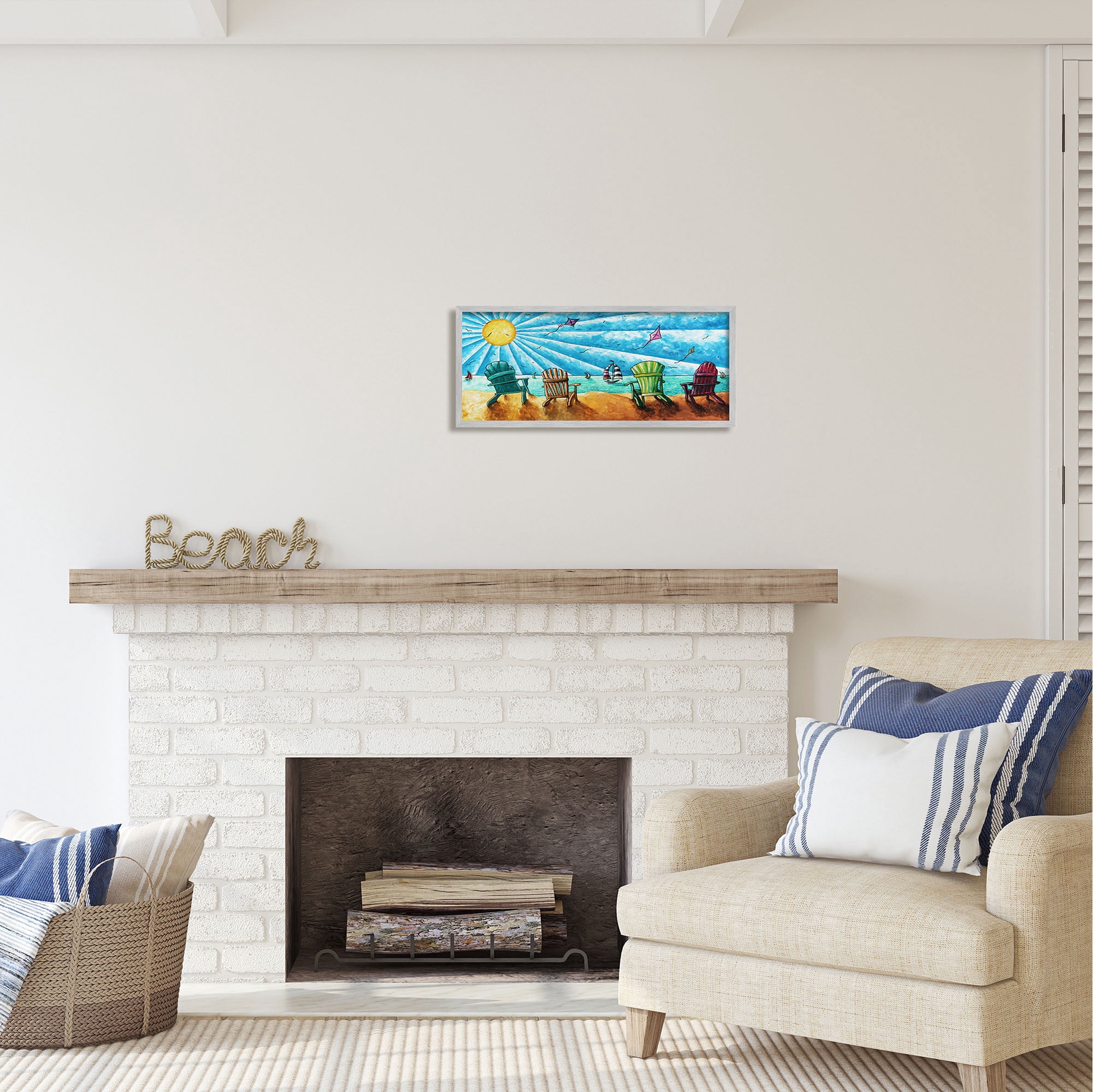 Stupell Industries Kites Flying on Beach Nature Painting Gray Framed Art Print Wall Art, 24 x 10