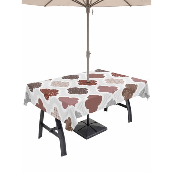 Moroccan Geometric Outdoor Tablecloth - 60x84 Inch Rectangle Dining Table Cover, Vintage Boho Rhombic Pattern Red Gray Waterproof Outdoor Table Cloth with Umbrella Hole & Zipper for Picnic/Patio