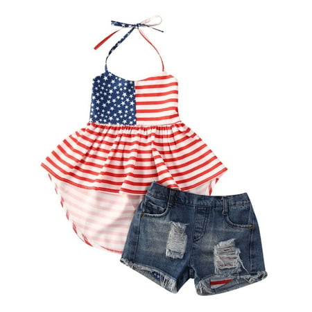 

Toddler Baby Girls 4th of July Halter Tunic Tops and Denim Shorts Baby Girls USA Flag Independence Day Clothes Set