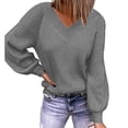 thumbnail image 2 of Suéter de manga larga para mujer, informal, suelto, con cuello en V, mangas de burbuja de Color puro, suéter de punto para otoño e invierno, gris L, 2 of 6