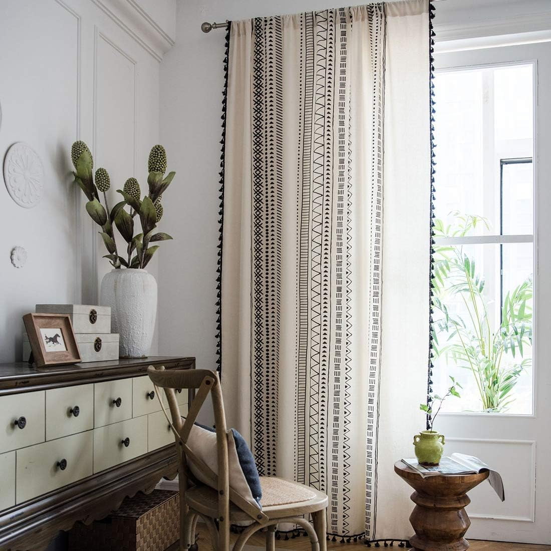 Boho Window Curtain Panel with Tassels Black Striped Geometric Print Country Style Cotton Linen Room Darkening Curtain Panel for Bedroom Living Room Rod Pocket Top