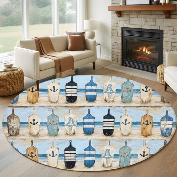 Blue Coastal Round Area Rug 5 FT, Non Slip Bedroom Rugs, Ocean Nautical Anchor Wood Barn Beach Washable Soft Circular Carpet Non-Shedding Floor Mat for Kitchen Dining Room Foyer Balcony Dorm