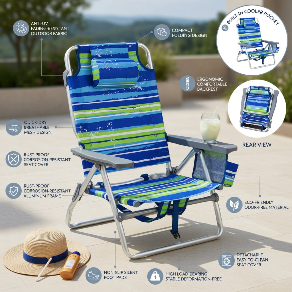 Hommoo 2-Pack Portable Beach Chairs with 5-Position Recline, Padded Headrest, Insulated Cooler Bag & Towel Hanger, Blue & Green