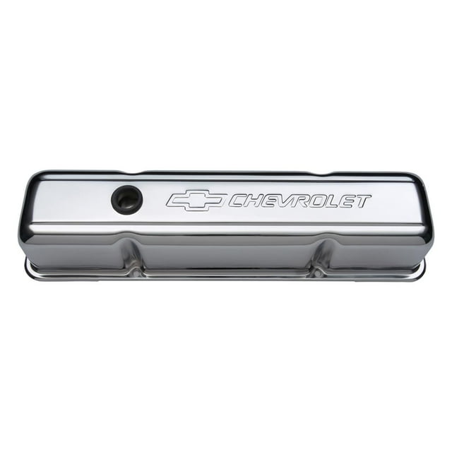 Proform Parts Valve Cover 141-103 Small Block Chevy; Tall Valve Cover; With Oil Fill Hole; With Baffle; Chevrolet Bowtie Design; Chrome; Steel; Set of 2