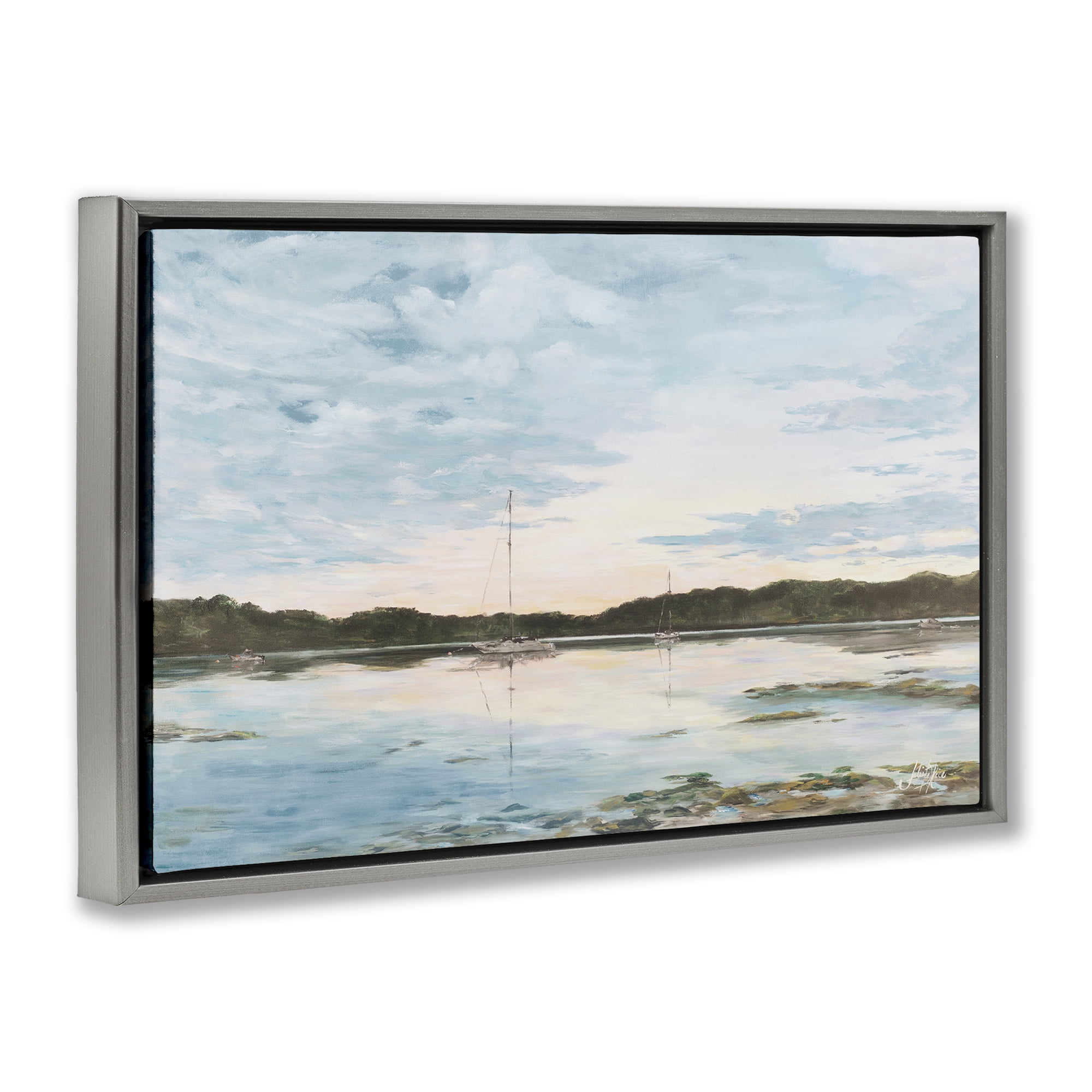 Stupell Industries Quiet Day on Lake Landscape Painting Gray Floater Framed Canvas Art Print Wall Art, 25 x 17