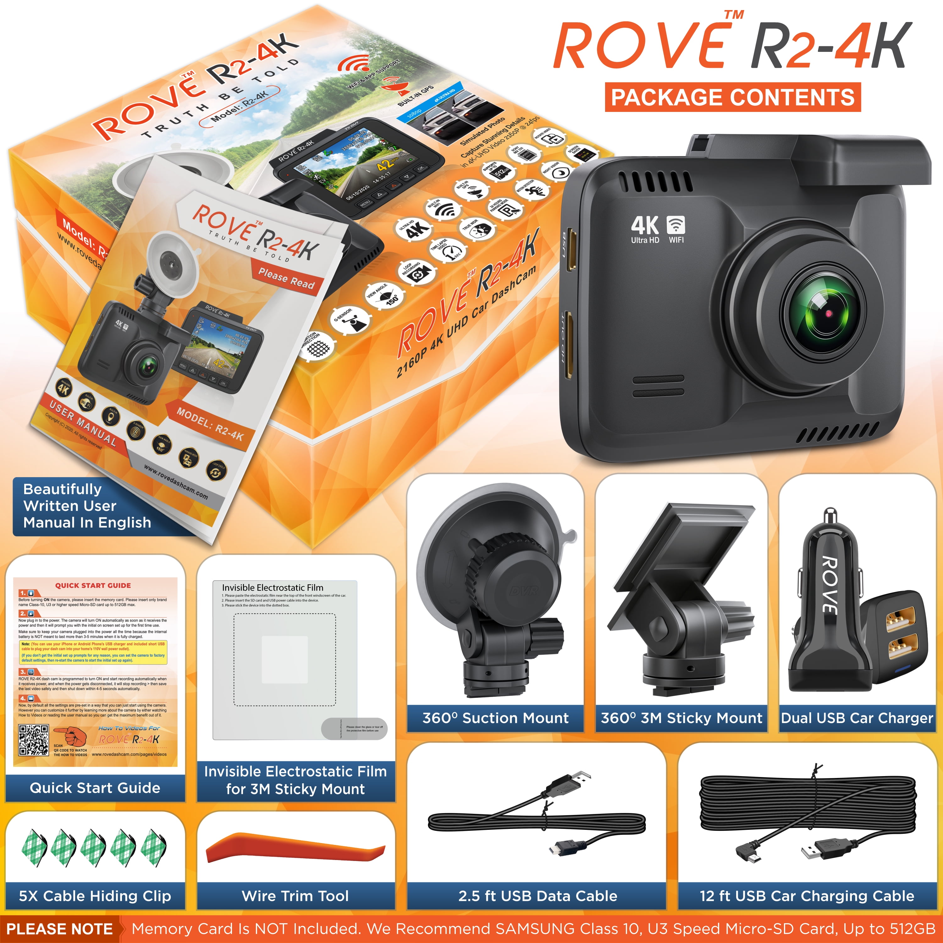 ROVE Caméra embarquée R2-4K Pro, GPS intégré, caméra de tableau de bord  WiFi 5G pour voitures, caméra de bord UHD 2160p 30 fps avec application,  écran