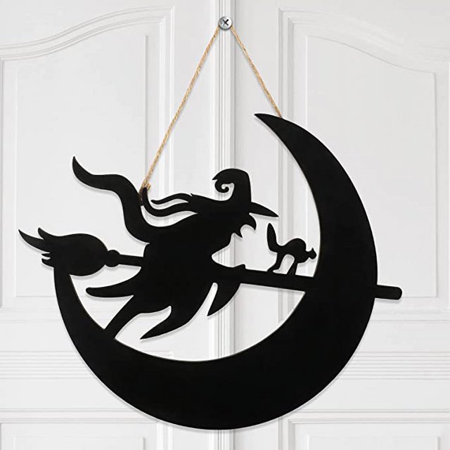 Colgador de puerta de Halloween, letrero de puerta negro, decoración redonda de madera, letrero colgante personalizado, letrero rústico de madera para puerta de Halloween, colgante de pared para el h