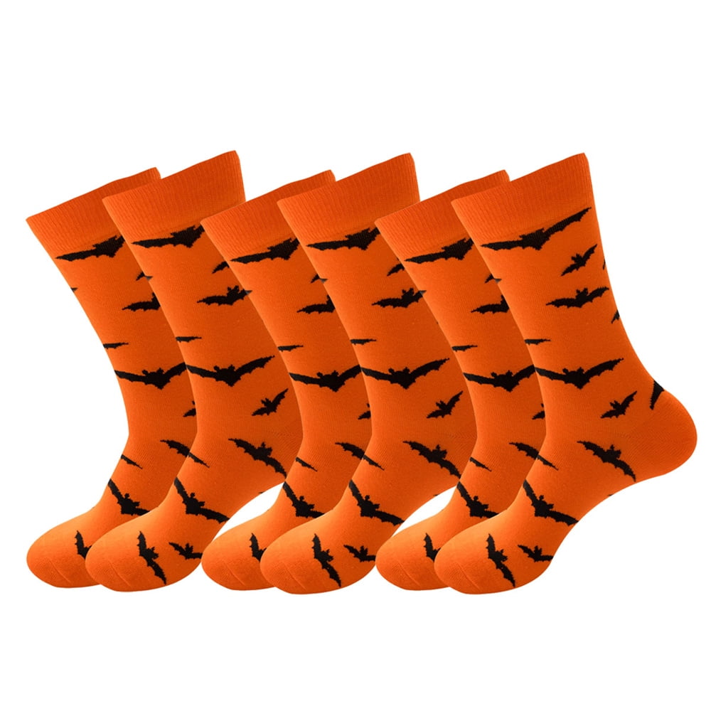 3Pairs Medium Tube Socks Halloween Socks Pumpkin Bats Novelty Fun Round