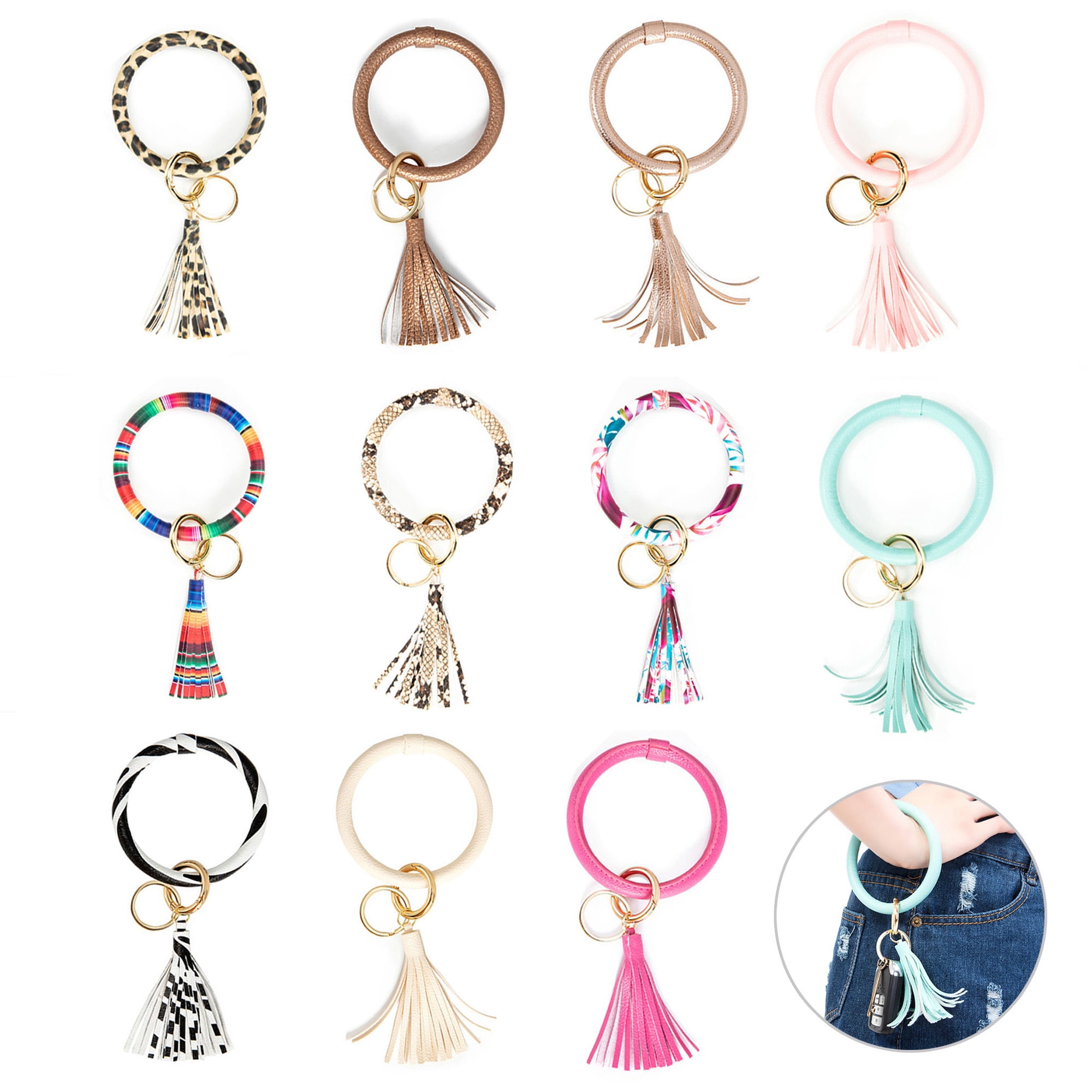 I-BOSOM Round Circle Wristlet KeyChain Tassel Keychain Bracelet Round Keyring For Women Girl 