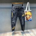 thumbnail image 3 of Pantalones vaqueros retro para hombre, ajustados, rasgados, de color azul claro, con estampado Kpop, con agujeros cónicos, para hombre, pantalones vaqueros rotos y rasgados, estéticos, tallas XS, 3 of 5