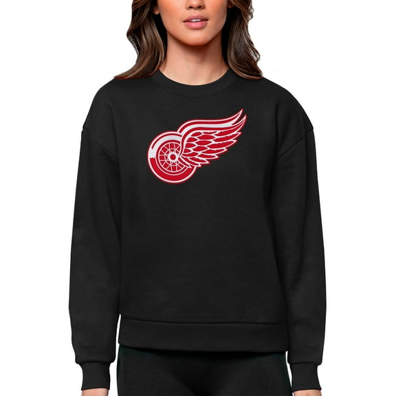 Women's Antigua Black Detroit Red Wings Primary Logo Team Logo Victory Crewneck Pullover Sweatshirt