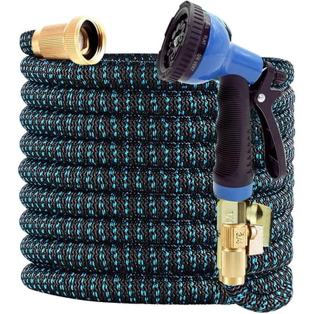 XpandaHose 75ft Expandable Garden Hose with Holder - Heavy Duty Superior Strength 3750D - 4 -Layer Latex Core - Extra Strong Brass Connectors and 10 Spray Nozzle w/Storage Bag (Blue 75)