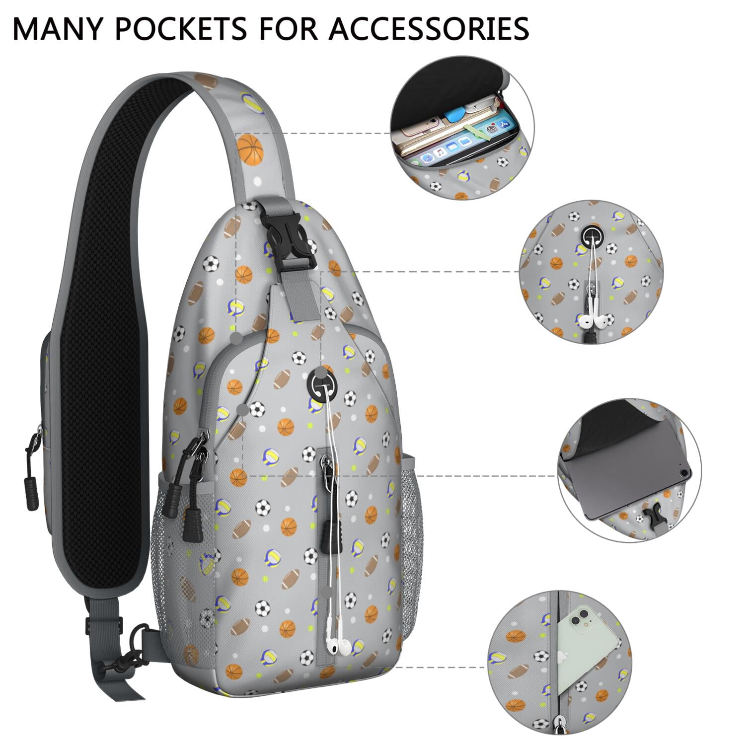Sports Print Sling Backpack with Baseball, Football, and Soccer Themes – Water-Resistant Crossbody Bag with Anti-Theft Pocket, Large Storage Compartments, Adjustable Strap, Ideal for Boys