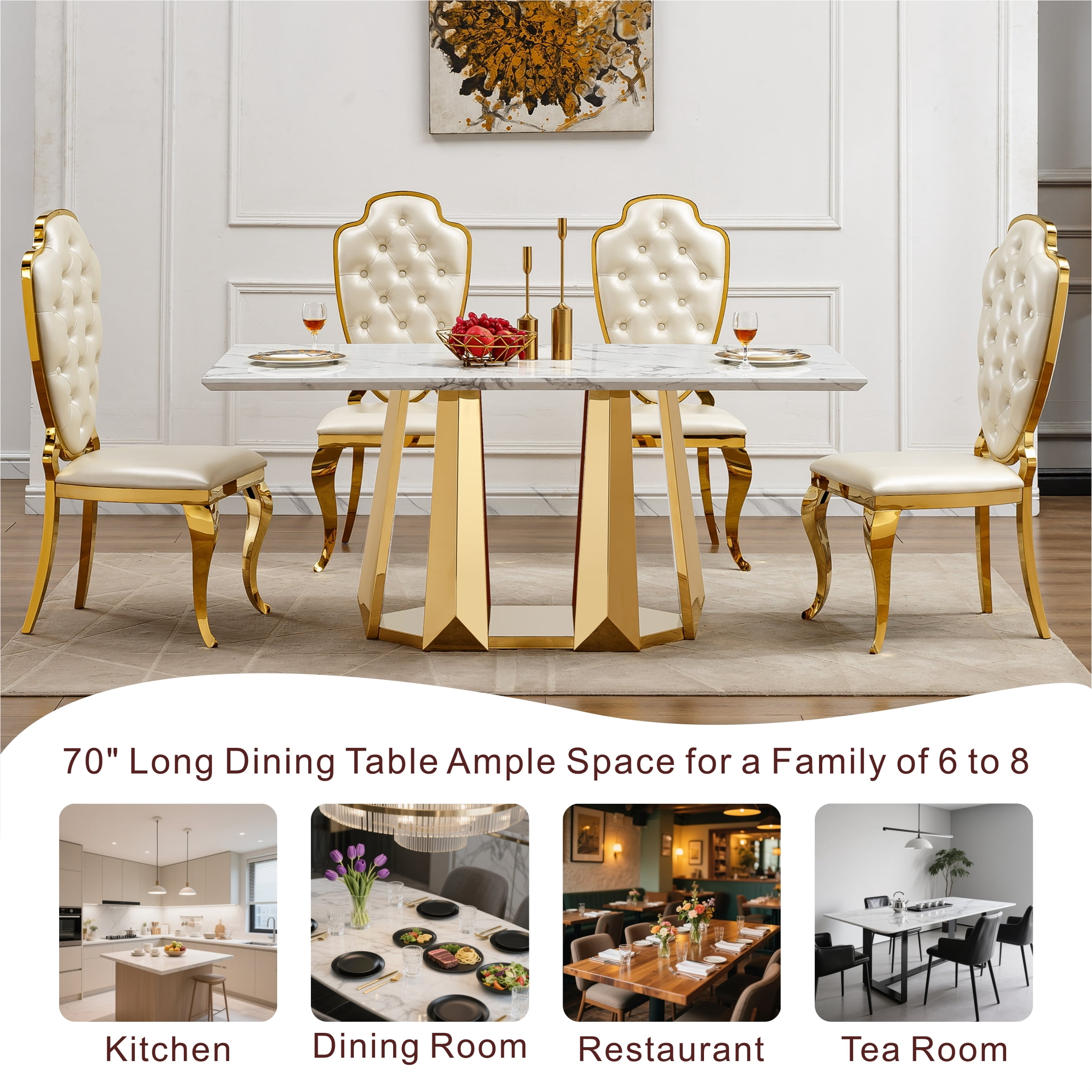 Shikeyi 70" Marble Dining Table for 6-8, Modern Luxury Gold Rectangular Large Kitchen Table, Marble Grain MDF Tabletop & Stainless Steel Base for Kitchen Dining Room, White (Table Only)
