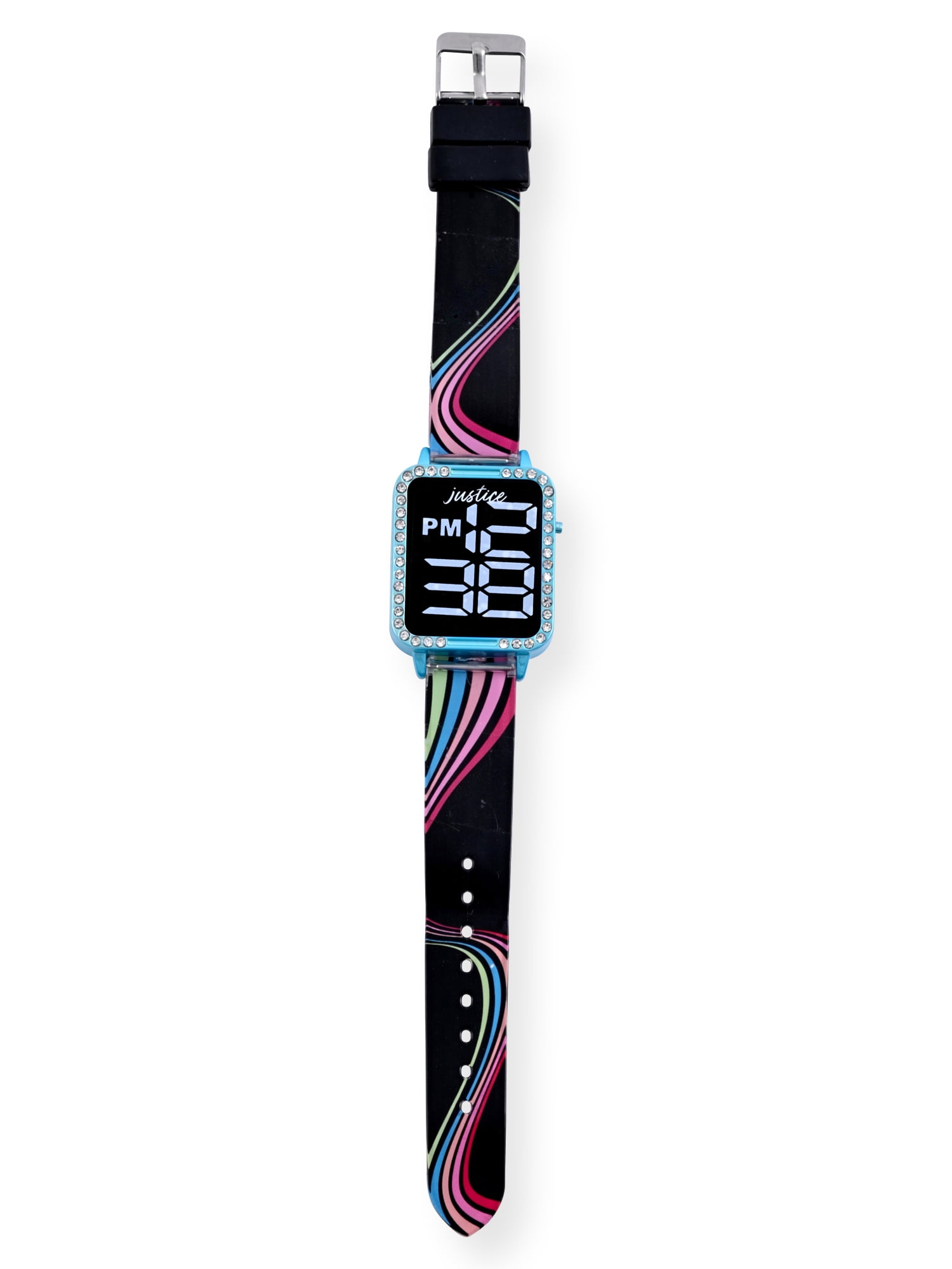 Justice Black Rainbow Strap LED Watch with Silicone Strap with Happy Face Bracelet Set