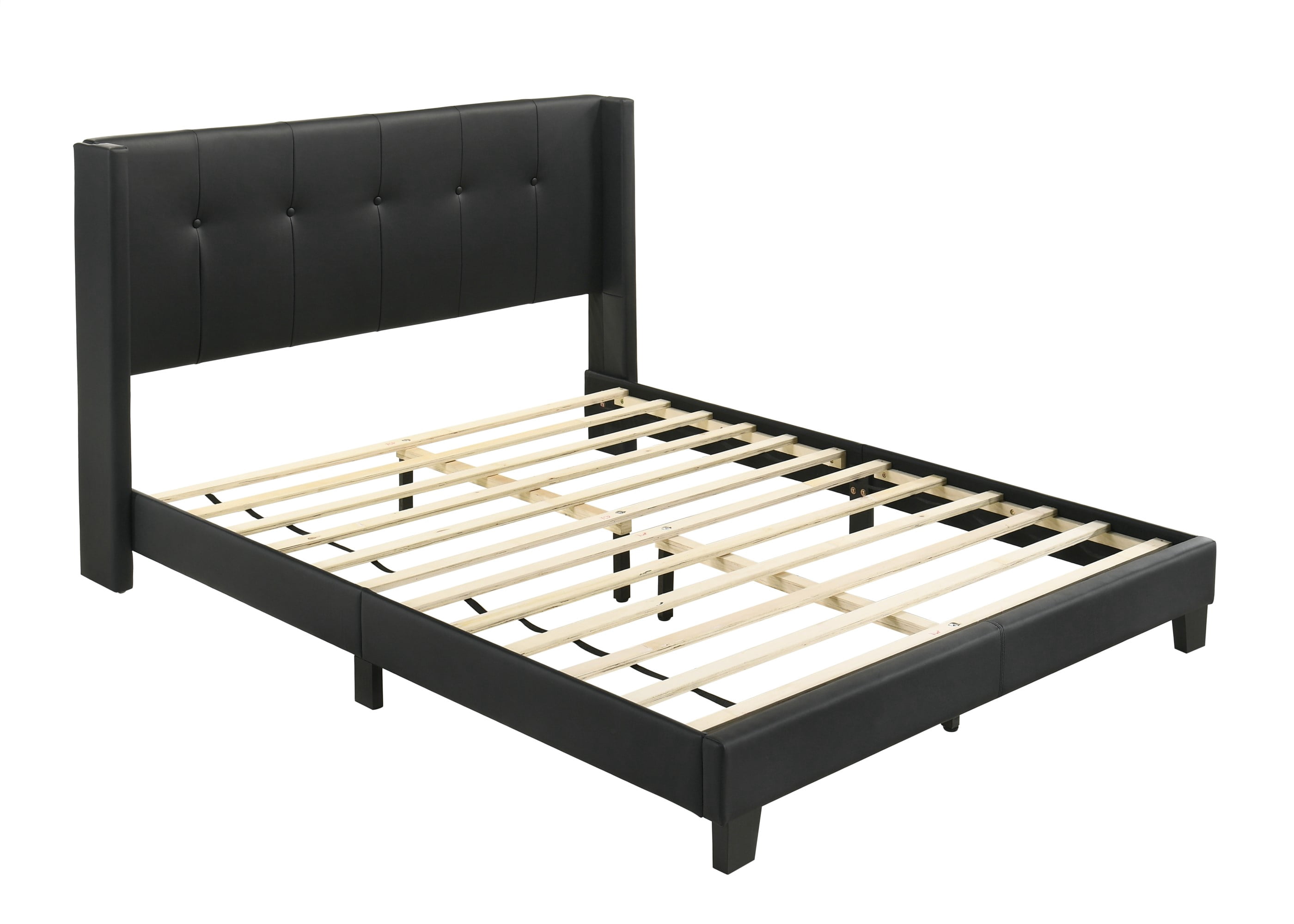 Home Design Evelyn Full Upholstered Platform Bed Frame with Tufted Headboard and Wingback Design, Black, Easy Assembly