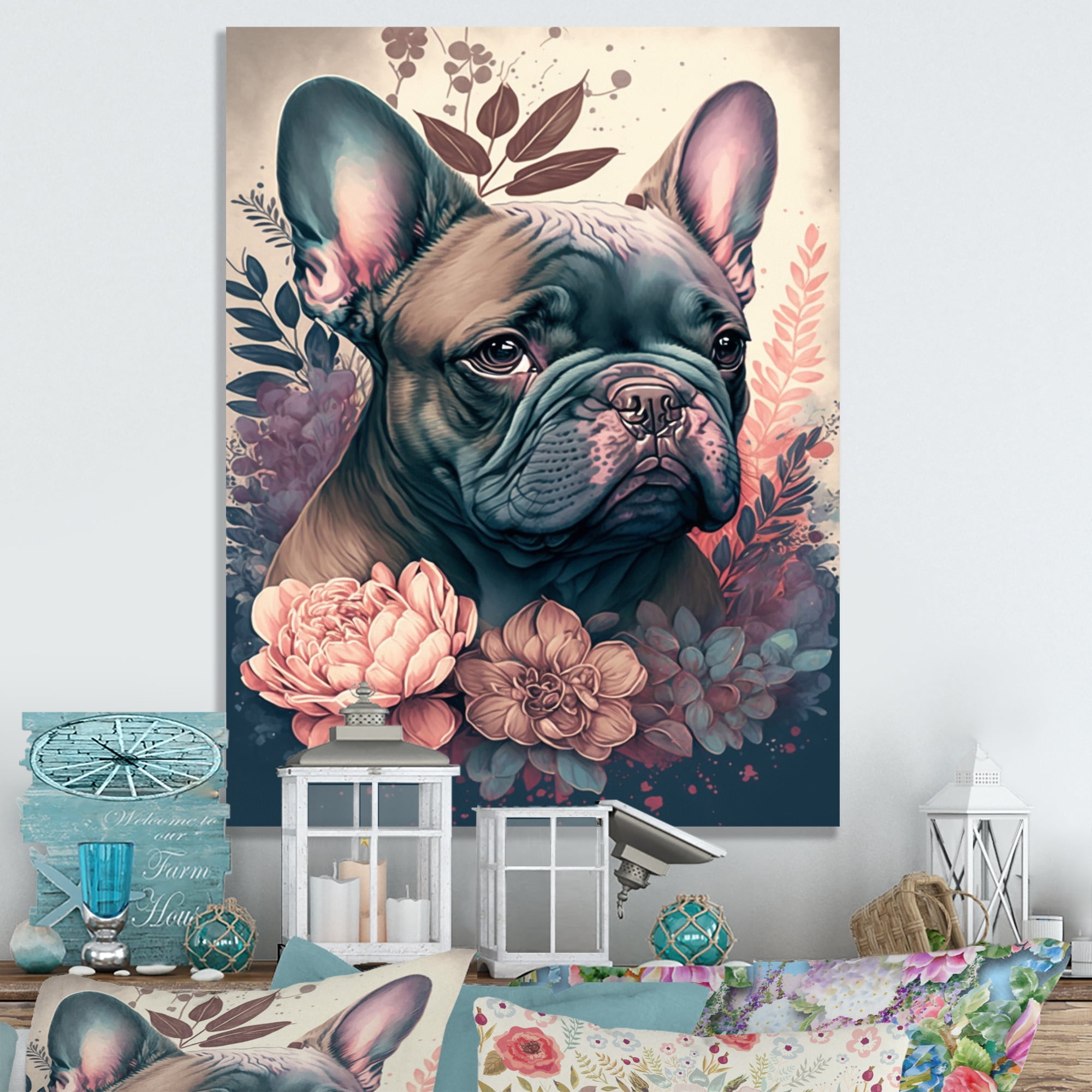 Designart Cute Frenchie Floral Art II Canvas Wall Art