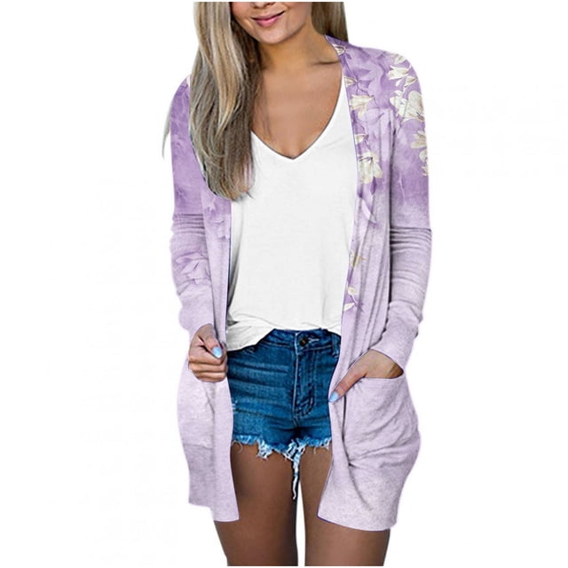 Penkiiy Women's Lightweight Open Front Cardigans Long Sleeve Casual Soft Drape Fall Cardigan with Pocket Purple for L