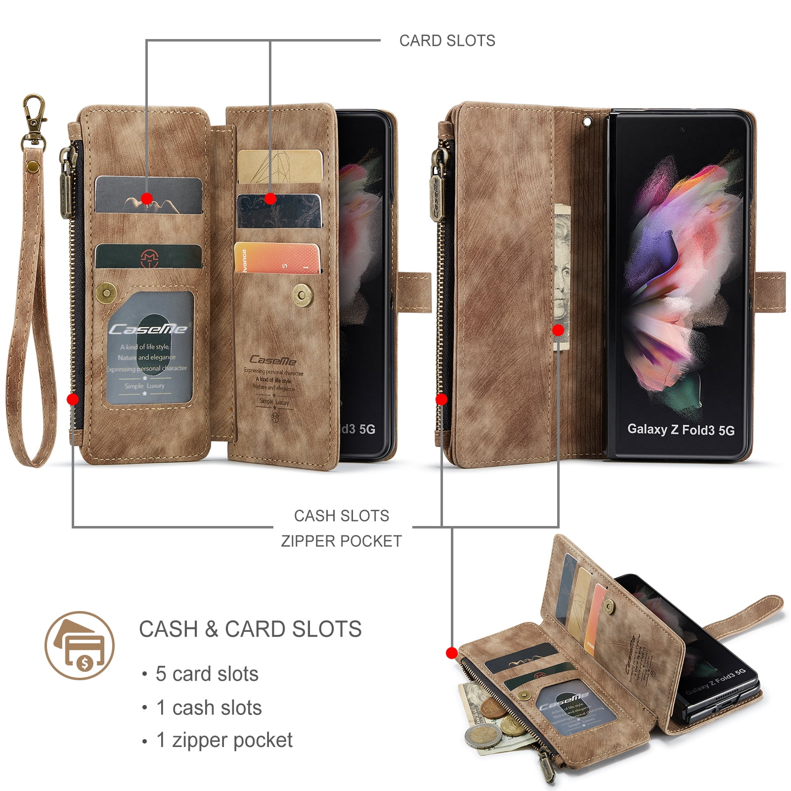 Dteck Galaxy Z Fold 3 Case, Dteck Heavy Duty Durable PU Leather Magnetic Wallet Flip Lanyard Strap Wristlet Zipper Card Holder Phone Case for Samsung Galaxy Z Fold 3 5G, Brown