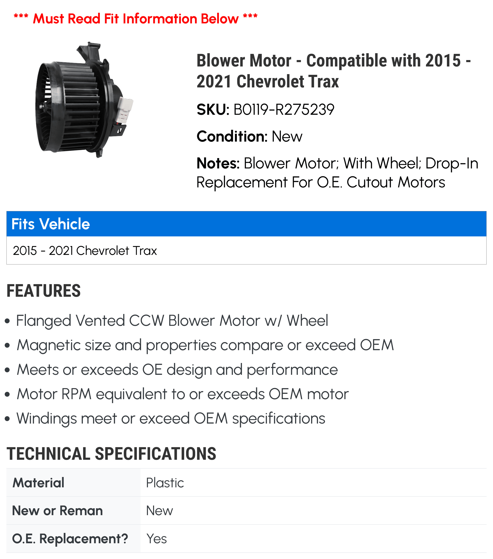 Blower Motor - Compatible with 2015 - 2021 Chevy Trax 2016 2017 2018 2019 2020