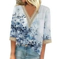 thumbnail image 2 of Blue Women's Short Sleeve T-shirt, Women'S V Neck Lace Edge Gradient Print Loose Seven Quarter Sleeve T Shirt,Women's Short sleeve T-shirt XXL, 2 of 6