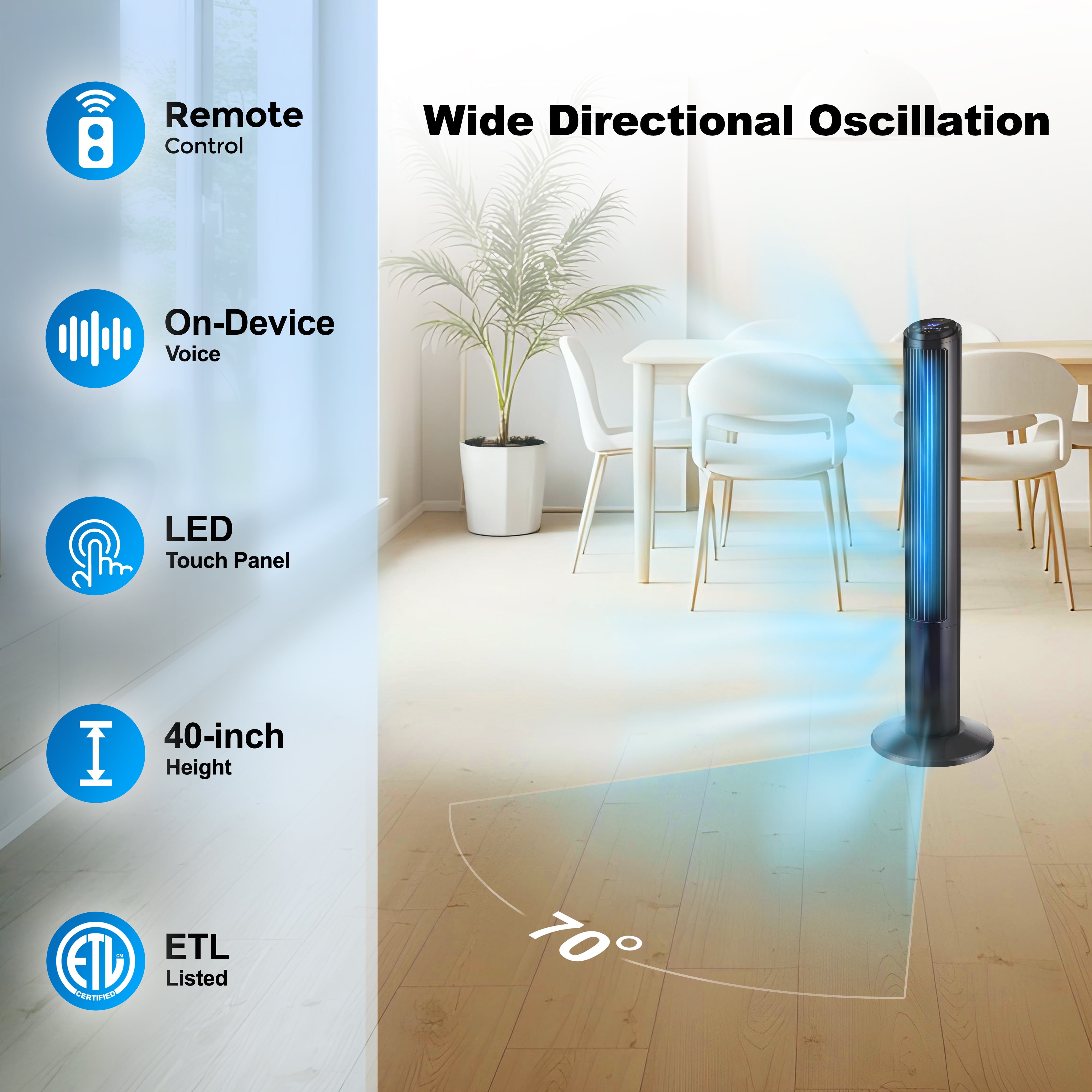 Emerson SmartVoice 40” Tower Fan – Offline Voice Control, Max Privacy, No App and Wifi