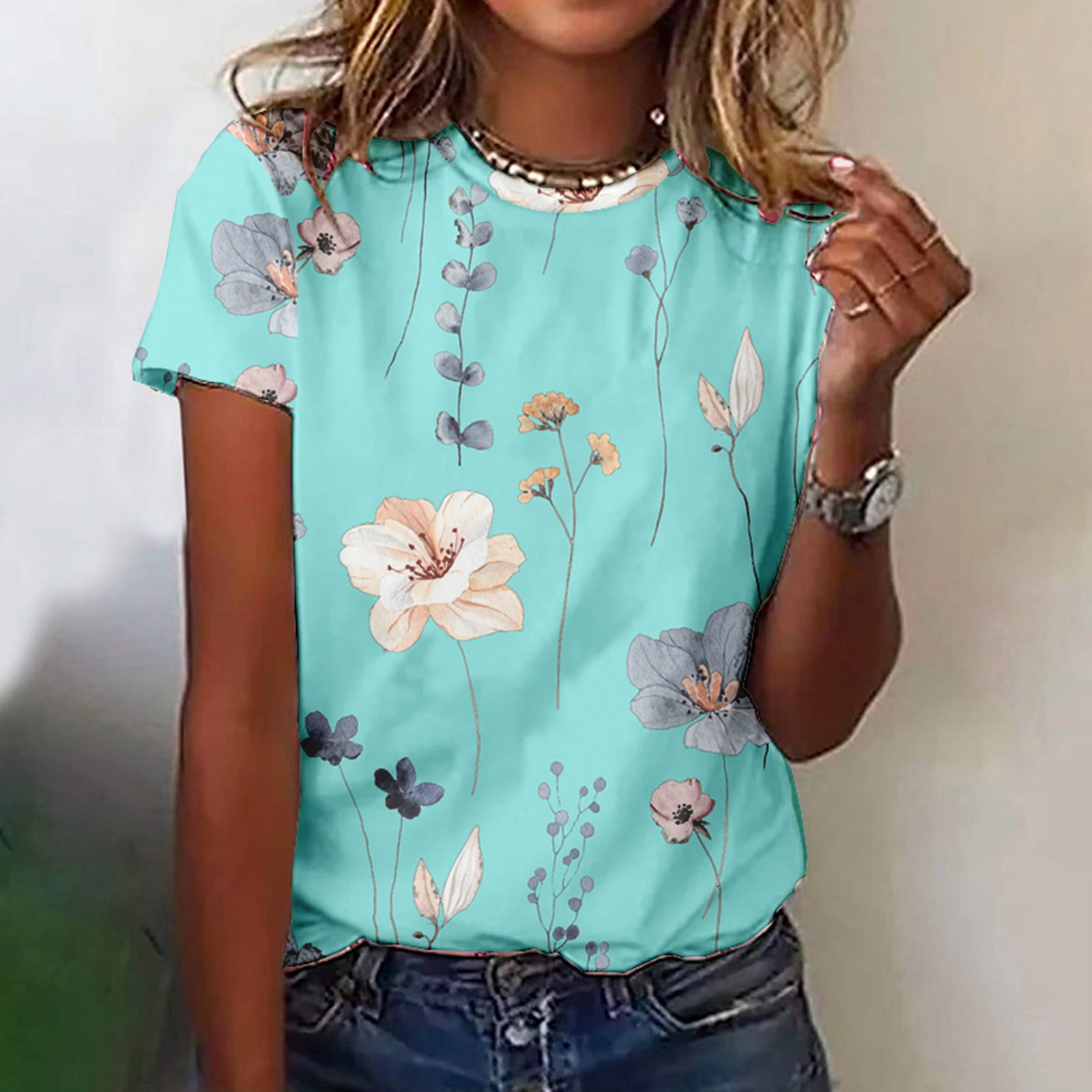 Lastesso Womens Summer Shirts Casual Short Sleeve Floral Print Tshirt