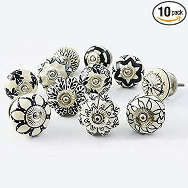 Set of 10 Assorted Vintage Black and White Hand Painted Ceramic Pumpkin and Round Knobs Cabinet Drawer Handles Pulls (10)