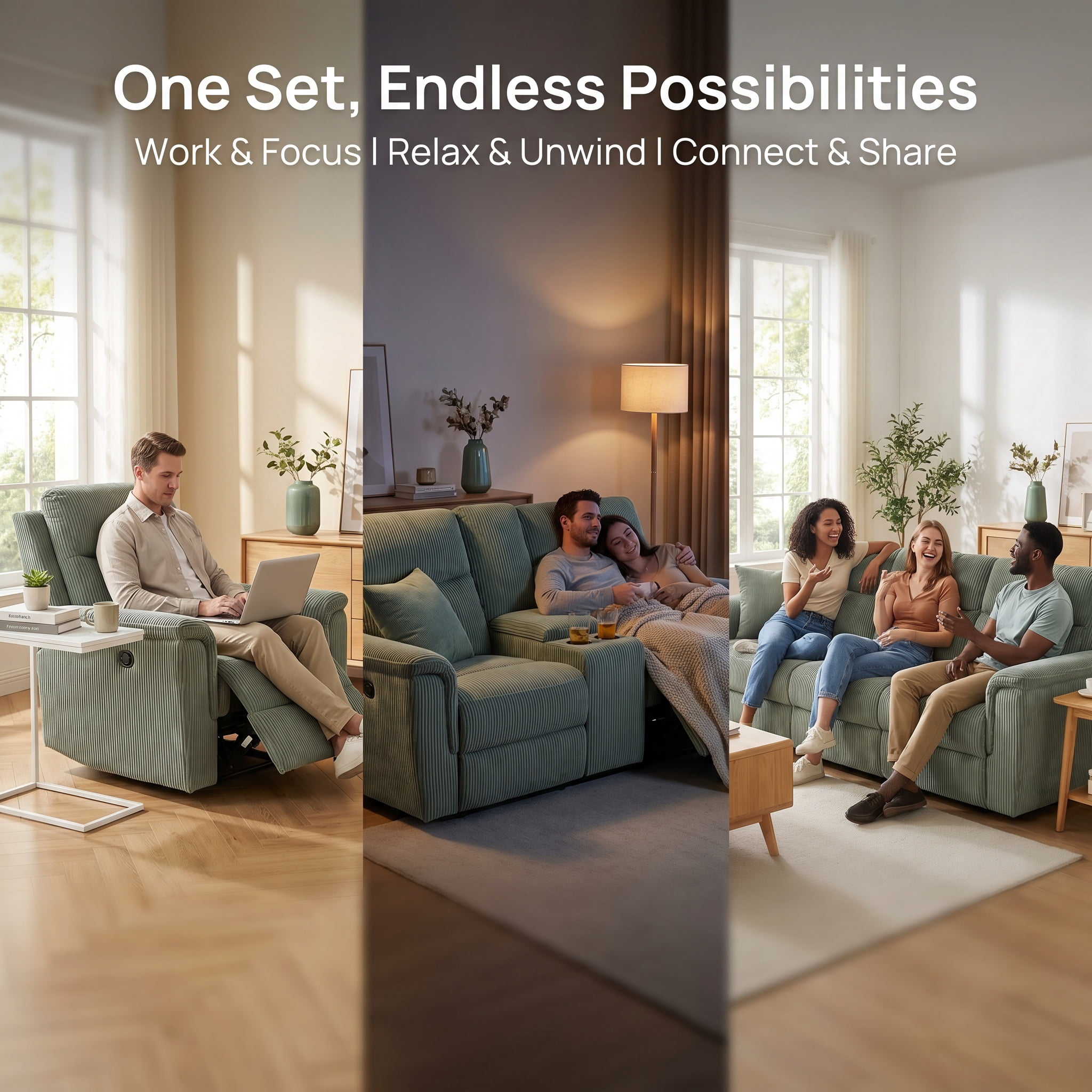 Corduroy Sectional Sofa Set, 3-Piece Soft Green Sofa Manual Recliner Couch with Loveseat & Recliner Chair, Built-in Cup Holders, Storage Console & Fold-Down Table, Plush Couch Set for Living Room