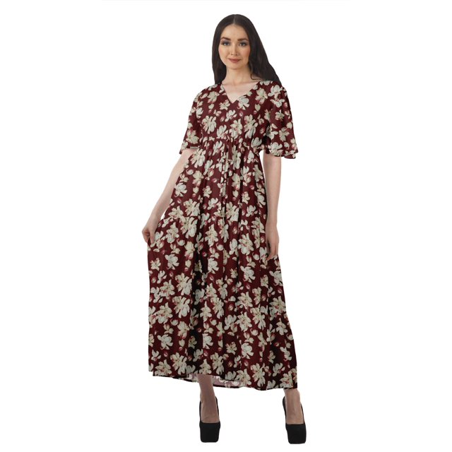 Moomaya Tunique à Manches Courtes Robes de Cocktail pour Femmes Robe en Coton Slub Imprimée