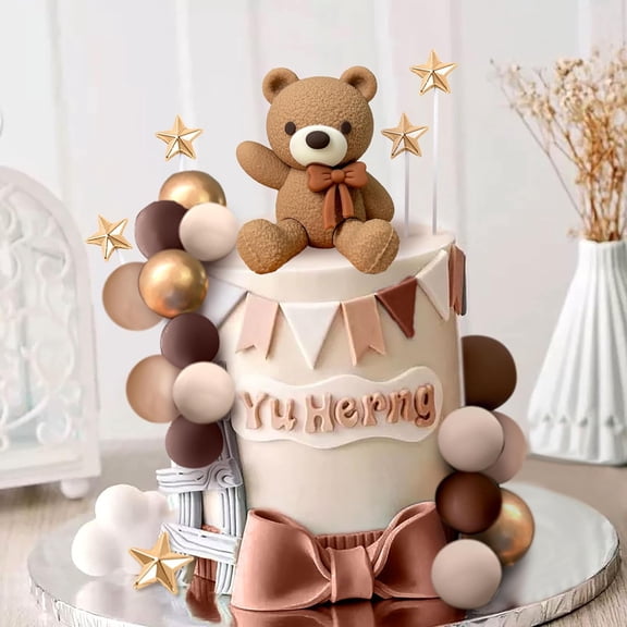 Cake Decoration Accessories Set, Bear Star Sphere 3D Combination, Dark Brown and Beige Metallic Luster Birthday Party Celebration Baking Decoration