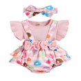 thumbnail image 1 of Baby Girls Outfits Set Fake Suspender Bowknot Patchwork Donut/Flower Printed Ruffle Triangle Romper with Headband, 1 of 9
