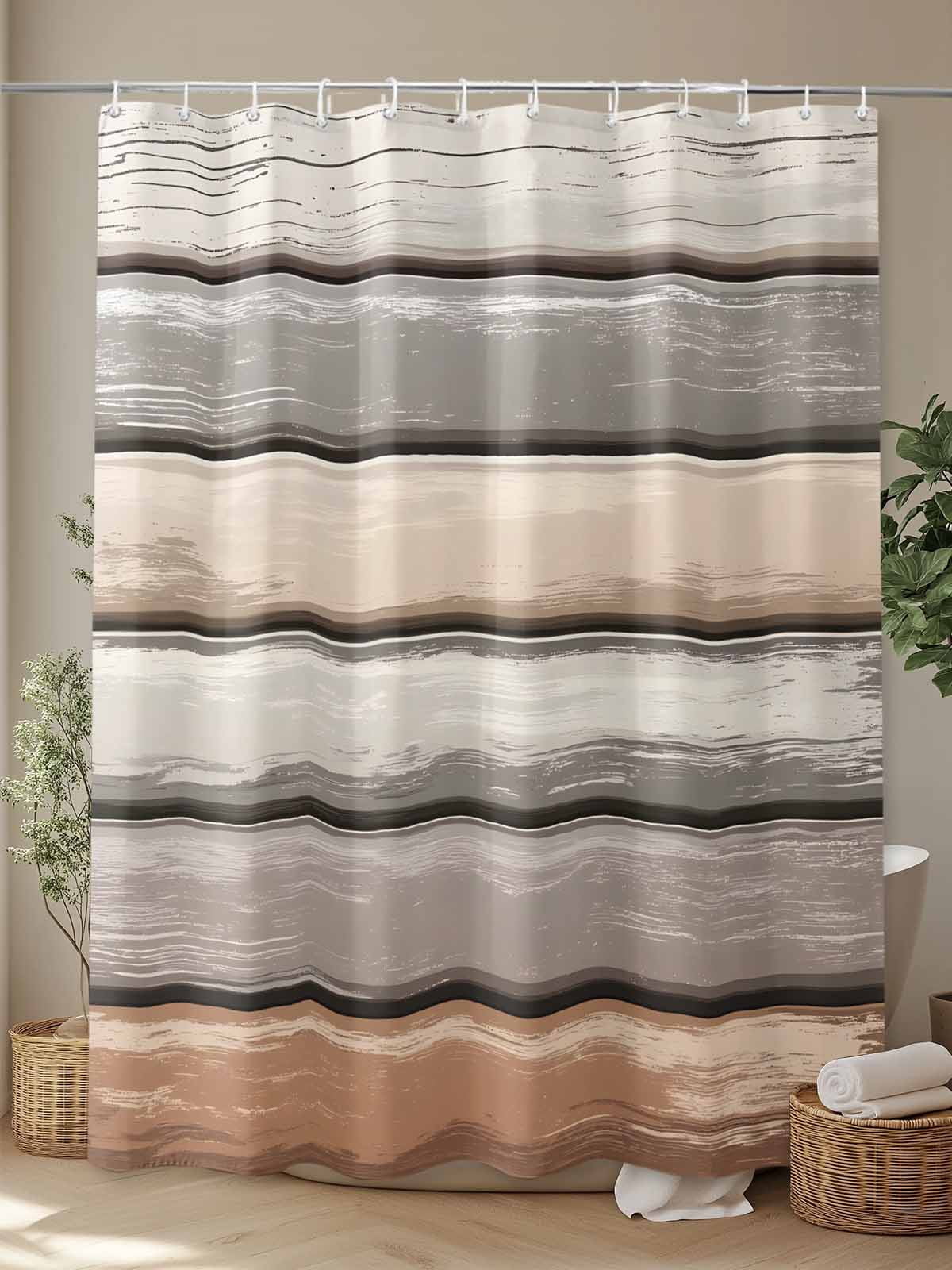 Brown Beige Stripes Shower Curtain Set, Waterproof Shower Curtains for Bathroom, Geometric Painting Neutral Textured Washable Fabric Cloth Bath Curtain for Bathtub Decoration with Hooks 48x72 Inches