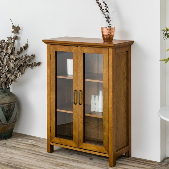 Teamson Home Avery Freestanding Two-Door Floor Accent Cabinet with Antique Brass Handles, Oiled Oak