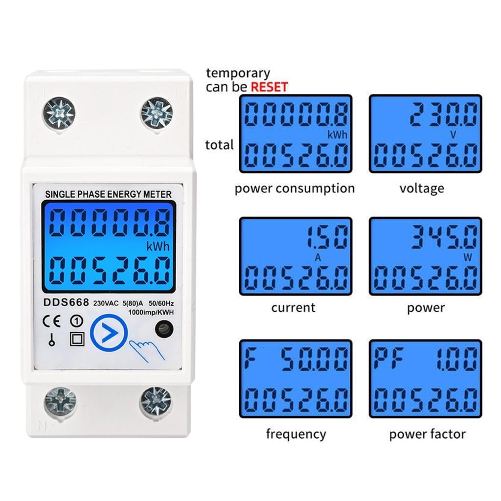Electricity Meter Din Rail Consumption Wattmeter Monitors Multimeter LCD Display