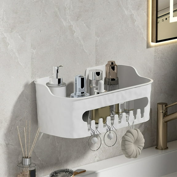 Clear/White Plastic Transparent Storage Box, 10.03x5.31x3.93in Wall-Mounted Draining Organizer, for Bathroom Kitchen with Hooks