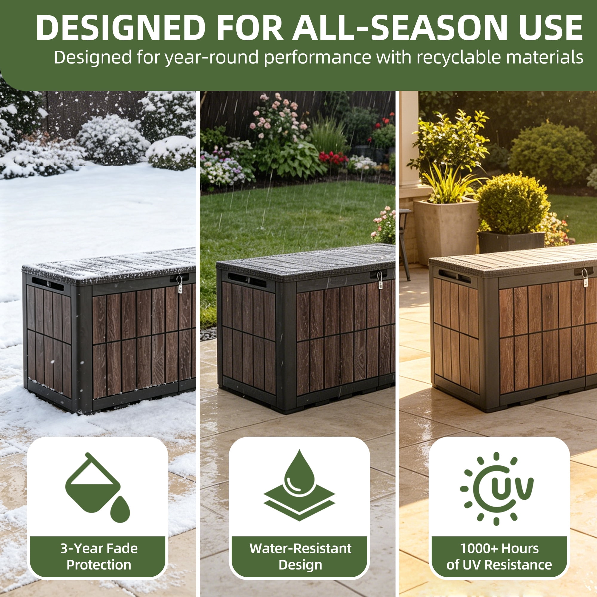 Uforic 134 Gallon Lockable Outdoor Deck Box, Waterproof Resin Storage Box with Hydraulic Support, Patio Storage Bench for Garden Pool Supplies, Dark Brown & Wood-Grain Brown