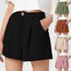 thumbnail image 2 of Women Summer Shorts A-line Solid Color High Elastic Waist Button Zipper Closure Ol Commute Formal Business Style Short Pants With Pockets, 2 of 4